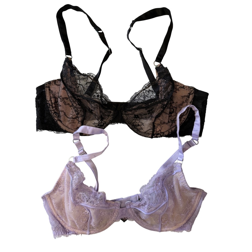 2 Victoria Secret Very Sexy Unlined Demi Bra 34D Black Purple Lace Coquette Y2K